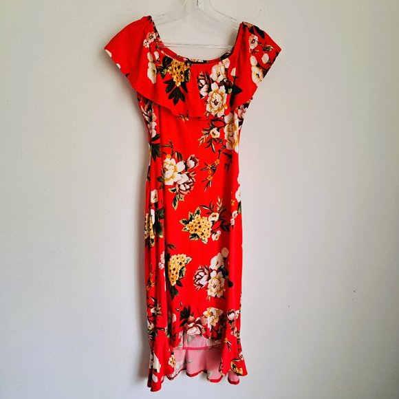 B Famous Juniors Floral Print Dress Size L Red Color Preowned Good Condition - Picture 2 of 9